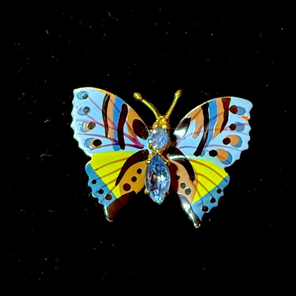 Vintage Czechoslovakia Butterfly Brooch Hand Painted Enamel Aqua Blue Rhinestone